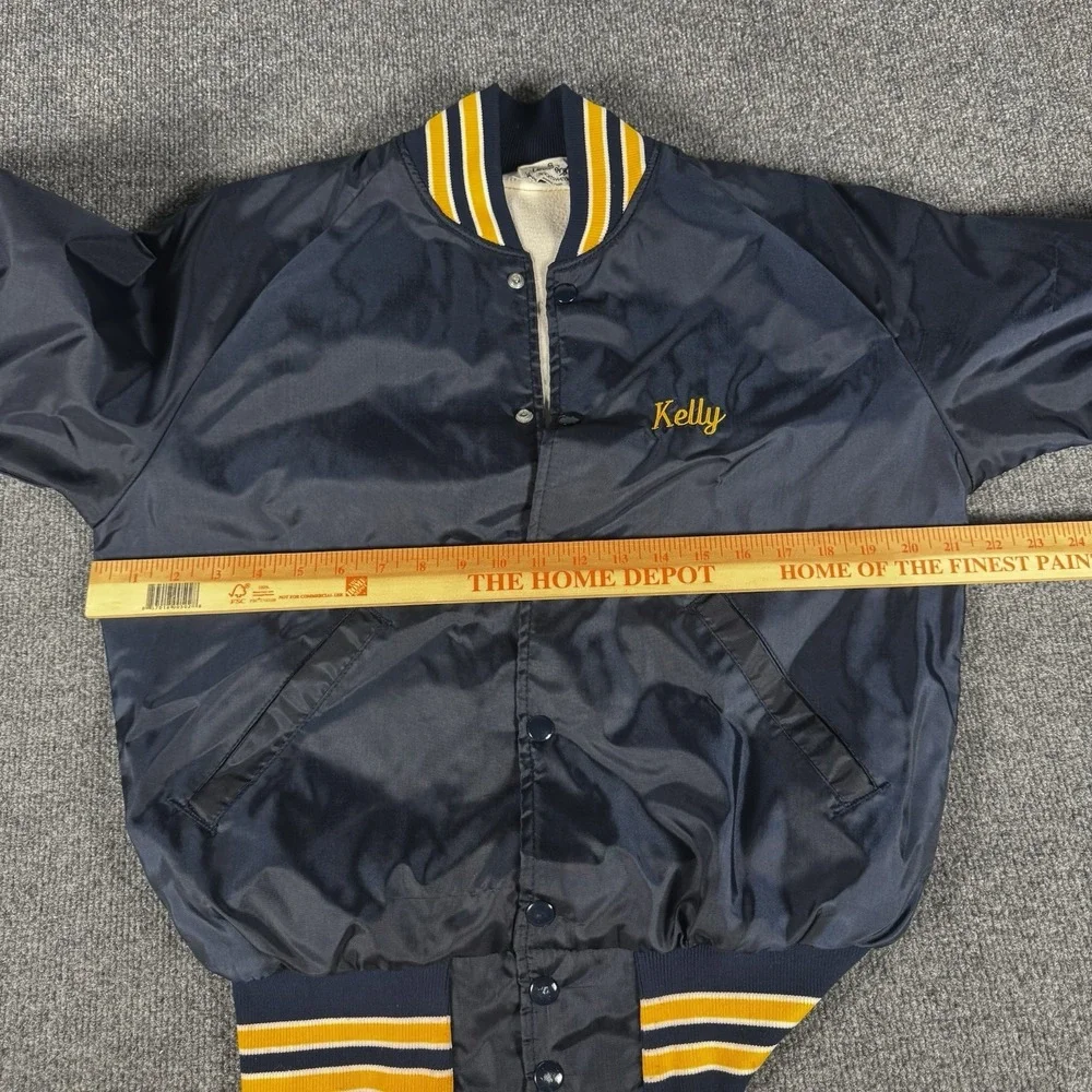 Vintage Gull Lake Michigan Navy‎ Blue Satin Bomber Jacket S 70s 80s Varsity